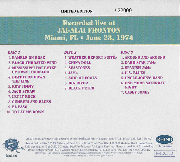 Grateful Dead* : Dave's Picks, Volume 34 (Jai-Alai Fronton, Miami, FL• 6/23/74) / Dave's Picks 2020 Bonus Disc (3xHDCD, Album, Ltd, Num + HDCD, Ltd)