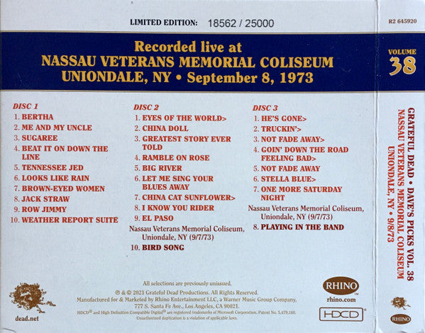 Grateful Dead* : Dave's Picks, Volume 38 (Nassau Veterans Memorial Coliseum, Uniondale, NY • 9/8/73) / Dave's Picks 2021 Bonus Disc (3xHDCD, Album, Ltd, Num + HDCD, Ltd)