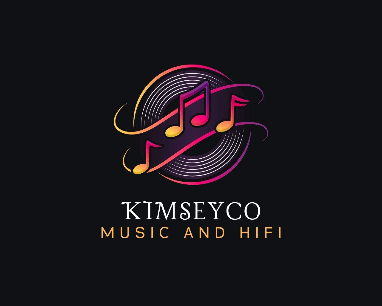 Logo of Kimseyco Music and Hifi with colorful musical notes on a black background